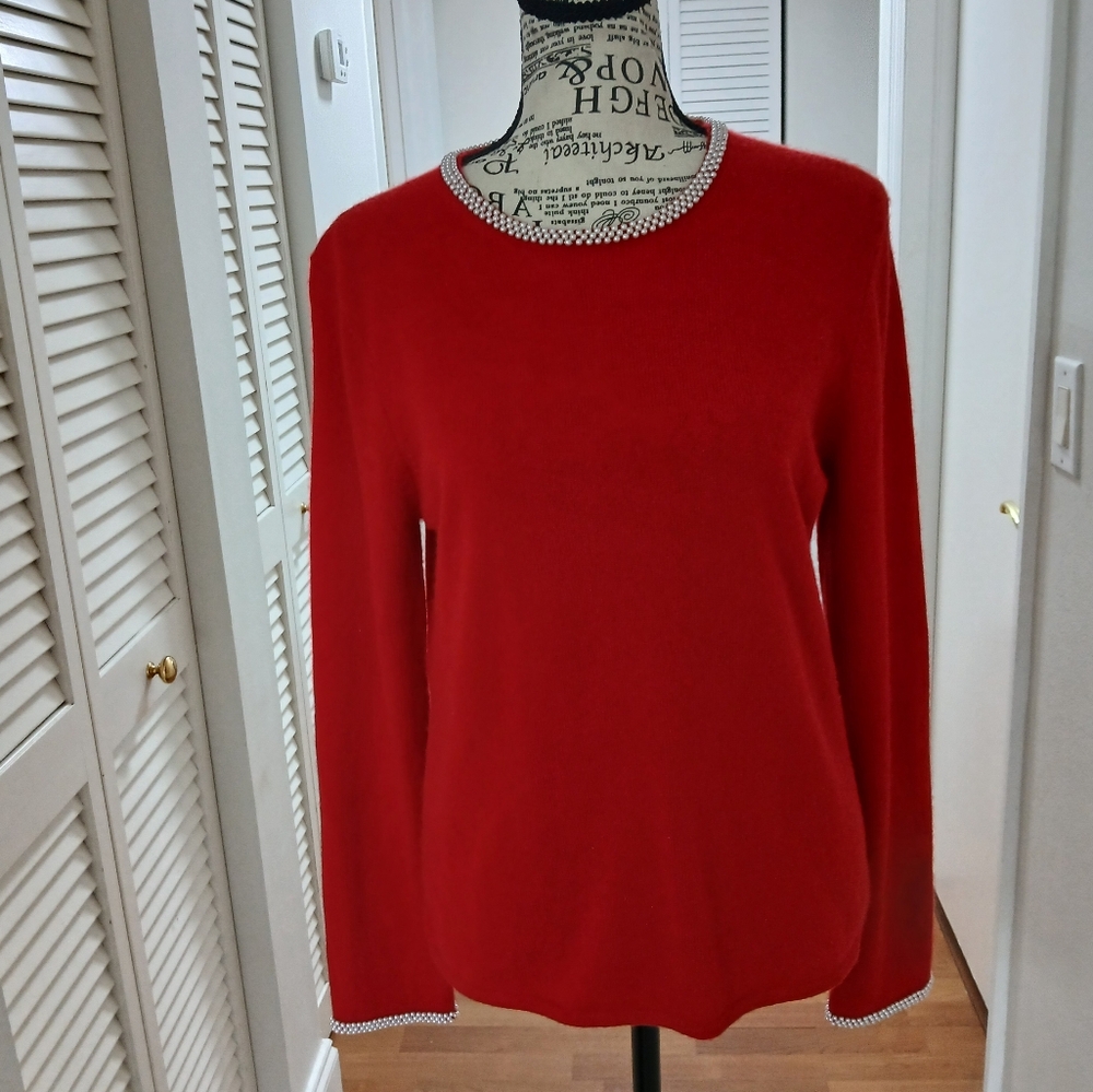 Charter Club 100% 2-ply Cashmere Red Faux‎ Pearl Crew neck Sweater